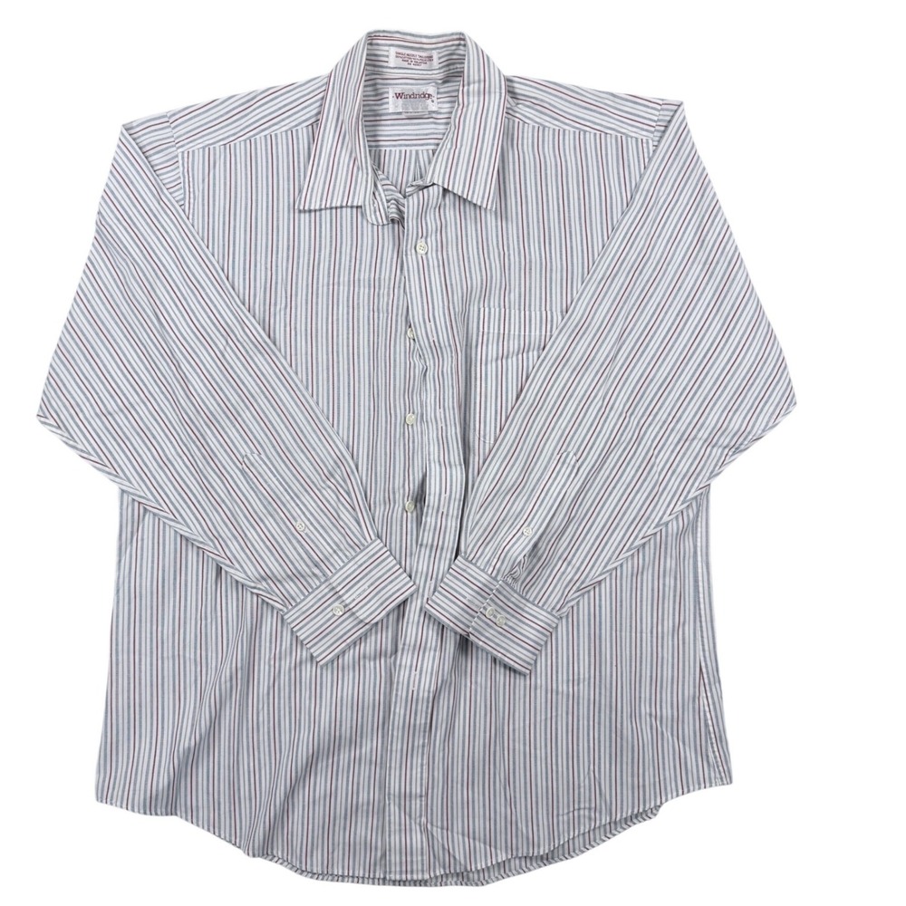 Windridge Mens Blue Burgundy Striped Button Down Shirt 16.5 32/33 Cotton Blend